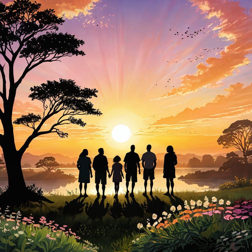 A serene landscape depicting a sunrise symbolizing hope, with silhouettes of diverse individuals sharing stories and experiences about cancer survival. In the foreground, healthy flora representing resilience and growth, and in the background, a gentle rising sun shining rays of light. The scene captures warmth, solidarity, and empowerment. vibrant colors. super-realistic.