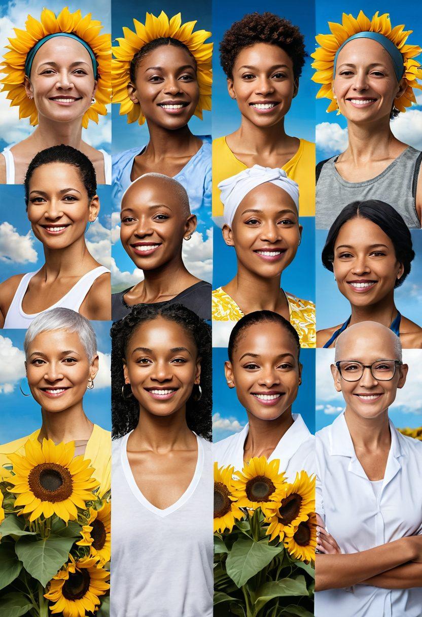 A collage of diverse cancer survivors, each proudly showcasing their triumphs and transformations. Include symbols of hope like sunflowers and ribbons intertwined between them, reflecting resilience and strength. The background should feature a soft, healing landscape with light breaking through clouds. The overall atmosphere should be uplifting and inspiring. vibrant colors. super-realistic.