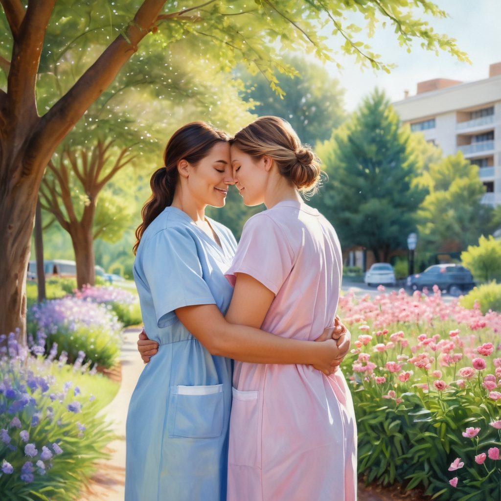 A serene landscape featuring a diverse group of people - a comforting nurse, a supportive friend, and a patient in a gentle embrace amidst blooming flowers. The background shows a hospital and a park merging together, symbolizing the journey from diagnosis to recovery. Soft sunlight filters through the trees, casting a warm glow, promoting a sense of hope and compassion. watercolor painting. soft pastel colors. natural light.